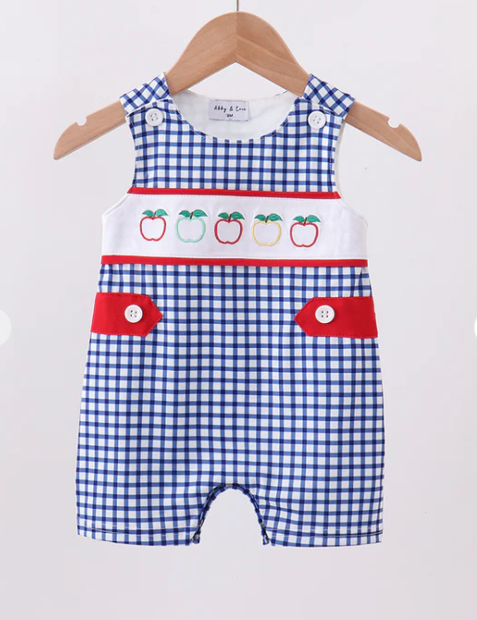 NAVY APPLE EMBROIDERED GINGHAM JON JON