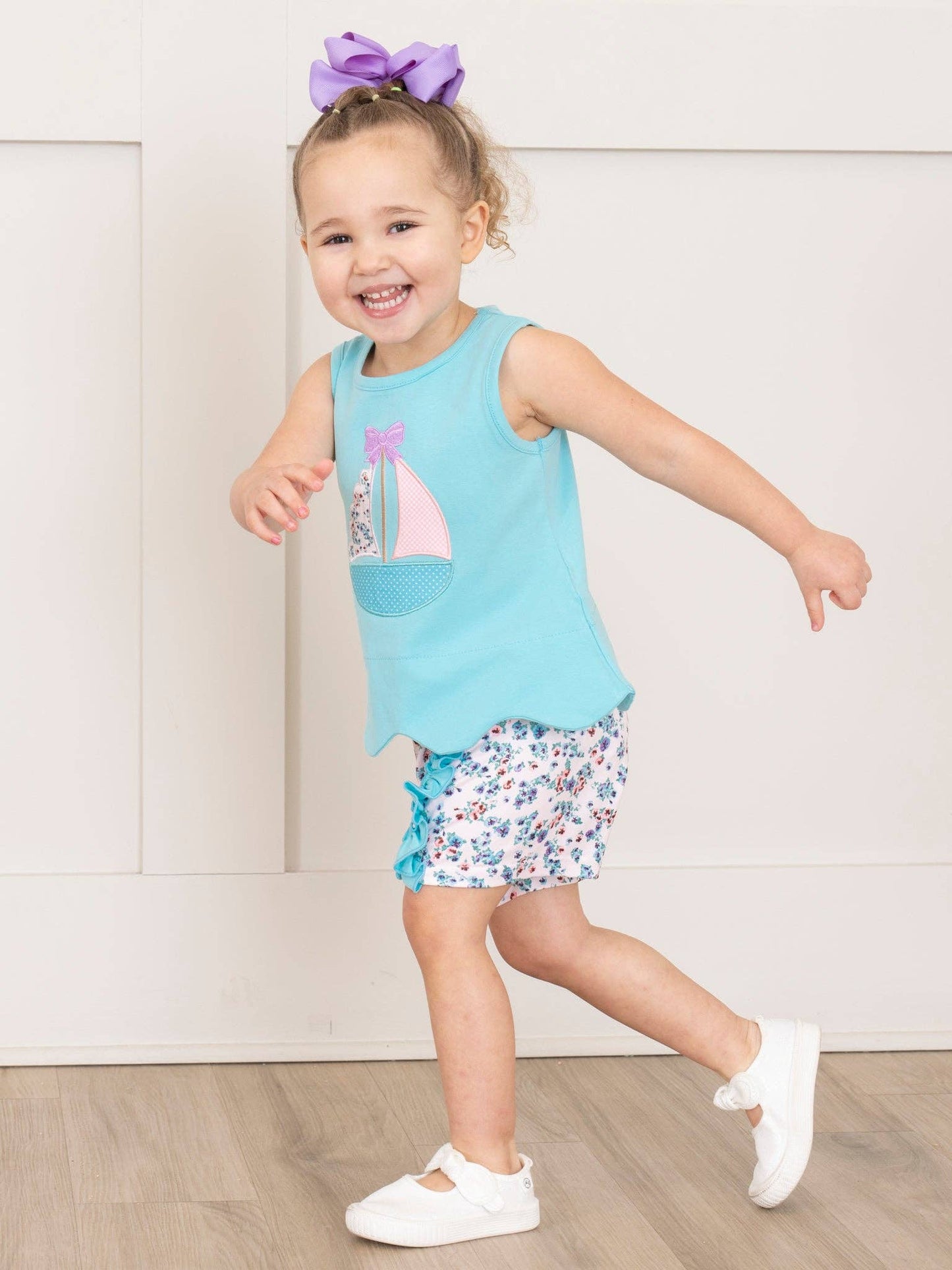 Embroidered Sail Boats Floral Ruffle Outfit