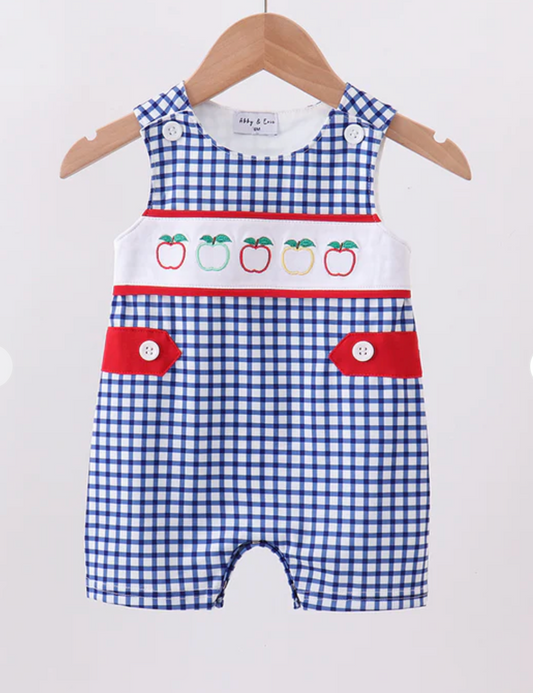 NAVY APPLE EMBROIDERED GINGHAM JON JON